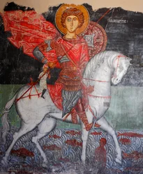 Das byzantinische Fresko aus dem 15. Jahrhundert (Detail) Heiliger Georg Wandmalerei Michael-Archangel-Kirche in Pedoulas, Zypern, Bemalte Kirchen UNESCO-Stätte Troodos, Zypern